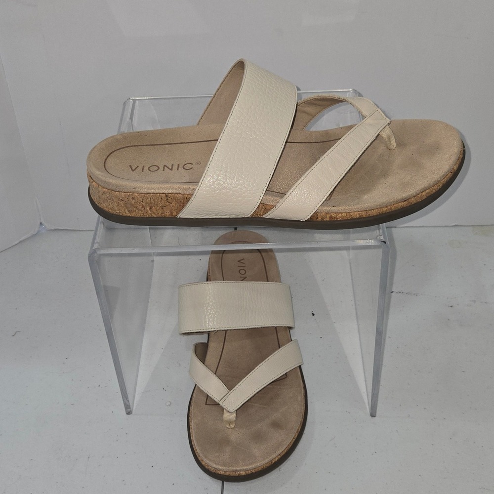 Vionic Marvina Cream Leather Orthopedic Thong Slide Sandals Womens Size 10 AC868